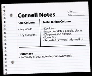 Cornell notes template showing cue, note-taking, and summary sections for organized studying.
